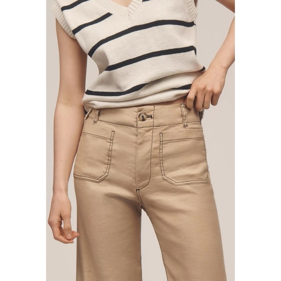 Anthropologie The Colette Linen Pants Wide Leg Contrast Maeve Khaki Tan 32 - Picture 3 of 10